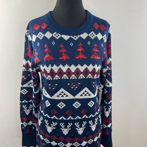TIPSY ELVES Blue Red White Sweater Dress Knit Sequin Fair Isle Size Large L NEW - Picture 3 of 12